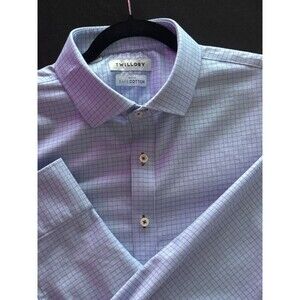 Twillory Safe Cotton Dress Shirt Blue Check Tailored Fit 17.5 34/35 Mens